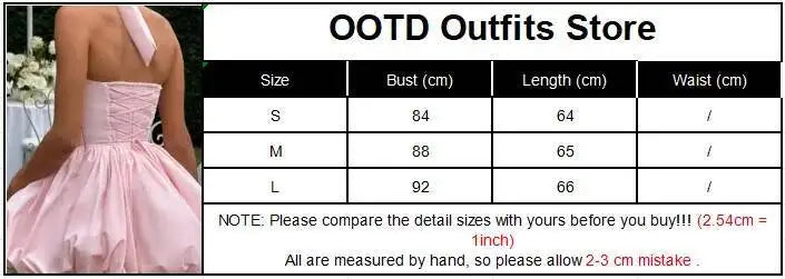 Elegant Pink Backless Pleated Lace-Up Halter Mini Dress Women Off Shoulder Sleeve Puff Hem A-Line Dresses Summer Lady Partywear