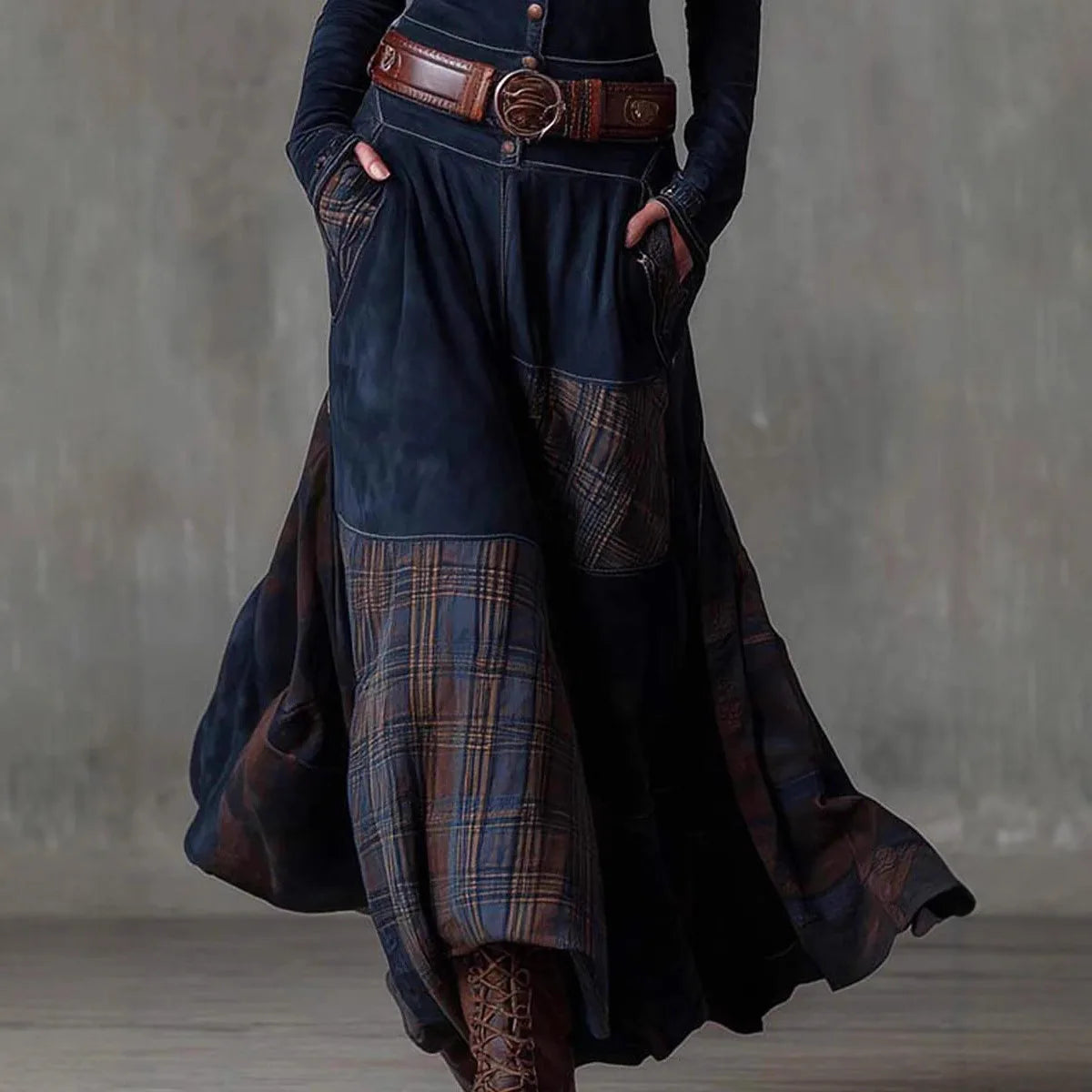 Suede Plaid Dress A-Line Long Sleeve Belted With Retro Pockets — Midnight Navy | KIMLUD