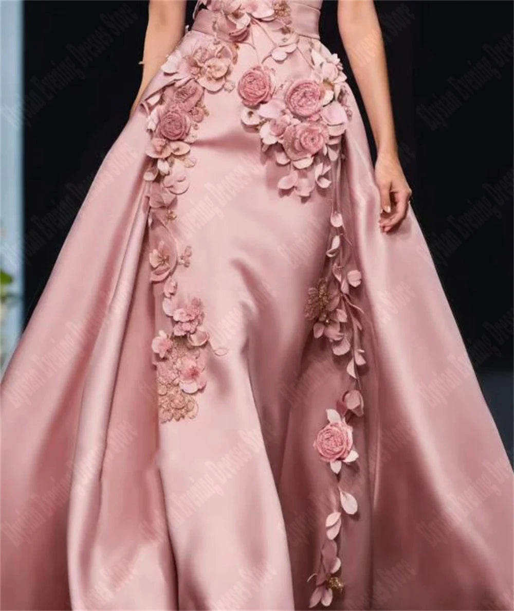 Evening Dress - Floral 3D Appliqué - Satin - Sleeveless V-Neck | KIMLUD