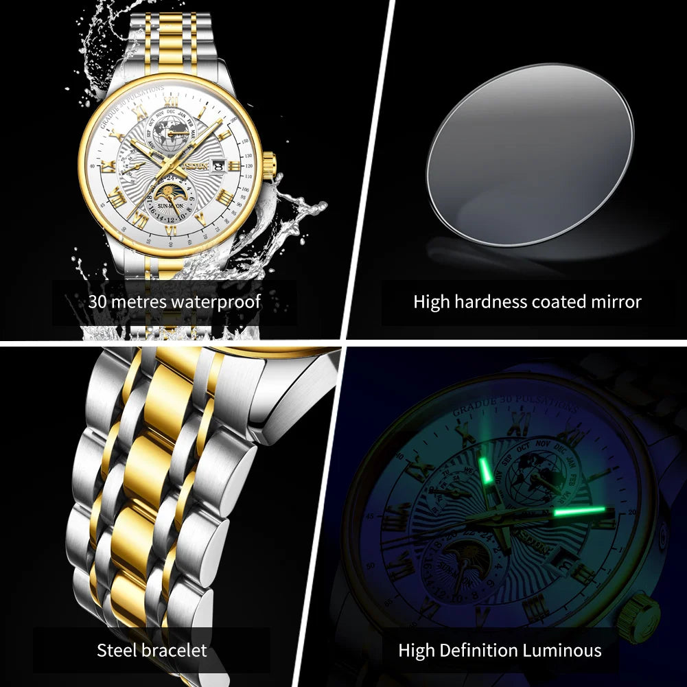 JSDUN Best Selling Fashion Trend Multifunction Watches for Men Stainless Steel Waterproof Luxury Automatic Mechanical Man Watch