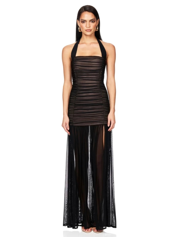 Sexy Halter Neck Mesh Patchwork Ruched Long Dress Women Black Sleeveless Backless Elegant Slim Runway Evening Party Club Dresses