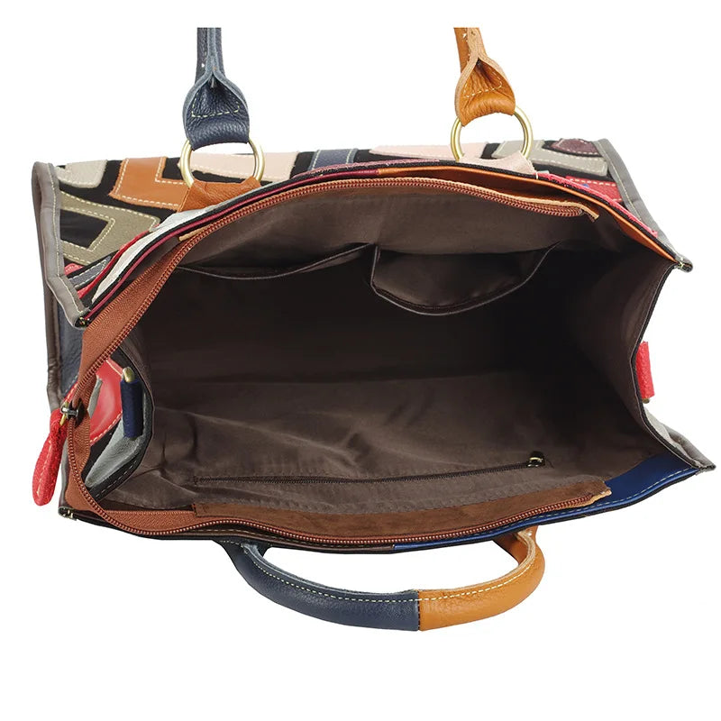 Genuine Leather Color-Contrasting Tote Bag — Black | KIMLUD