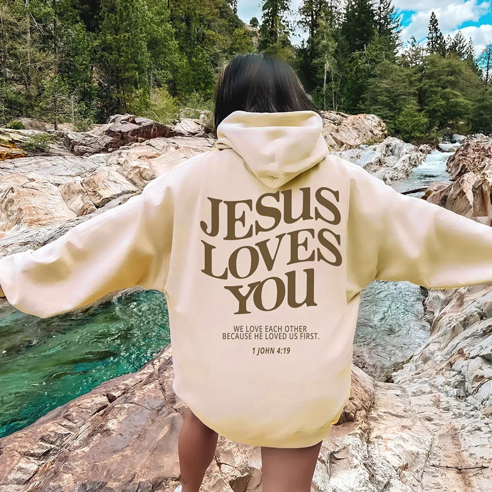 Pullover Hoodie - Jesus Loves You Print - Cotton-Polyester | KIMLUD