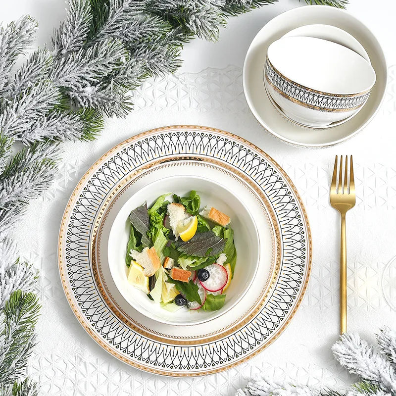 Nordic Bone China Dinner Plates Set Rimmed In Gold — White | KIMLUD