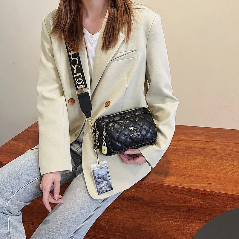 Leather Crossbody Bag Argyle Pattern With Multiple Pockets — Black | KIMLUD