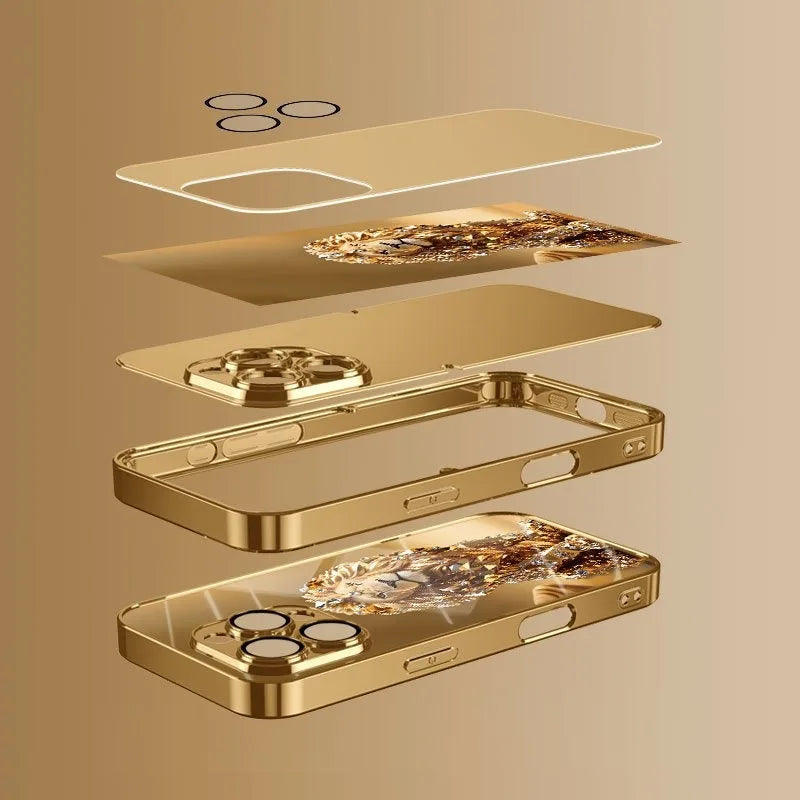 Phone Case – Gold Lion Pattern – Tempered Glass – Gold | KIMLUD