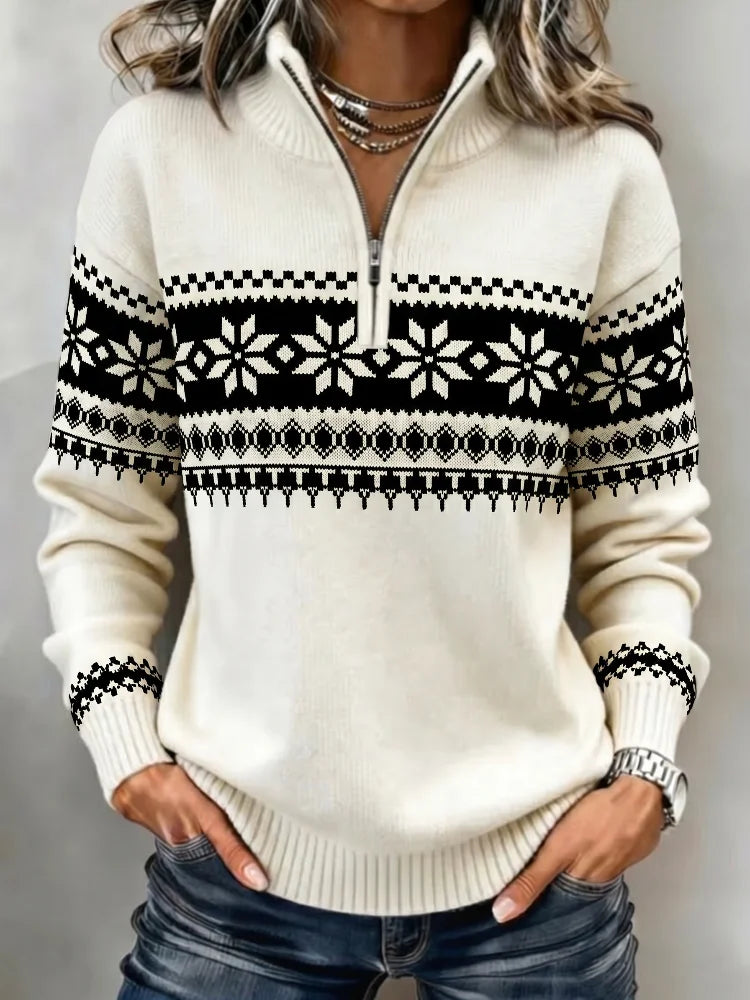 Sweater – Half Zip Mock Neck – Jacquard Knit – Cream White | KIMLUD