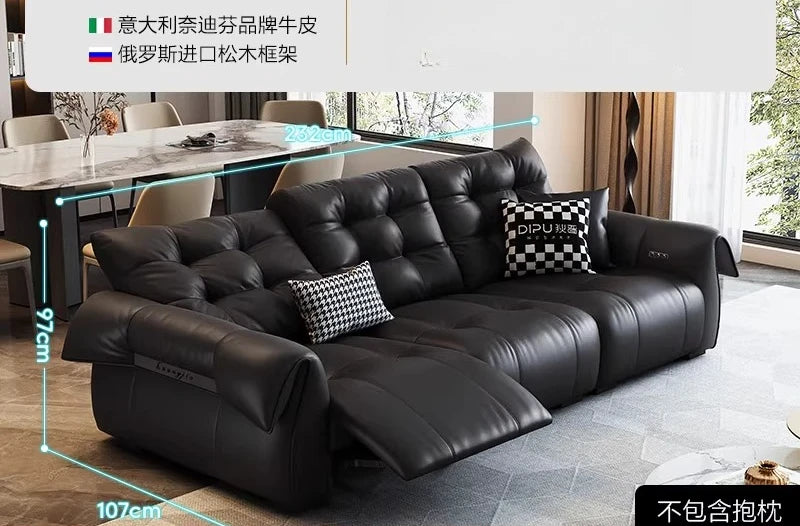 Full-Grain Leather Minimalist Multifunctional Sofa With Sculpted Modular Form — Black | KIMLUD
