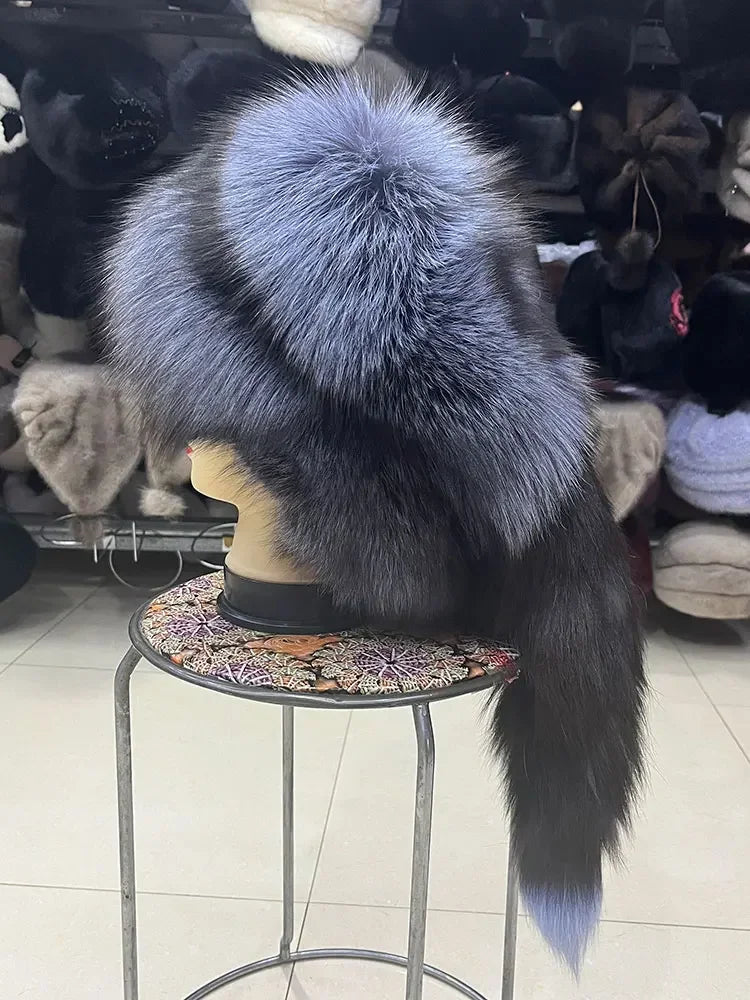 Winter Fur Women Hat with Tail Real Fox Fur Hat Luxury Raccoon Fur Beanies Warm Ear Protect Unisex Bomber Hat Wholesale Bonnets