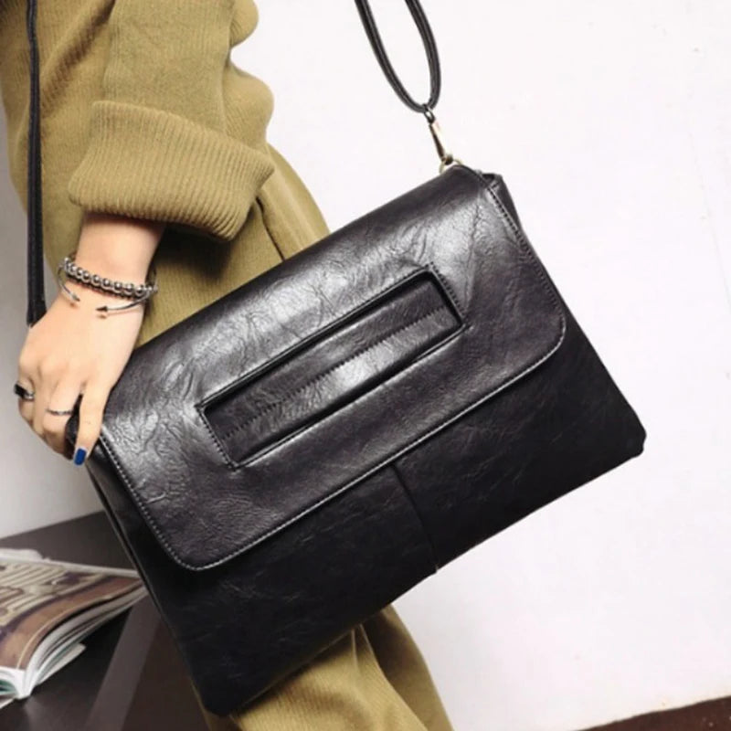 PU Leather Envelope Crossbody Clutch — Black | KIMLUD