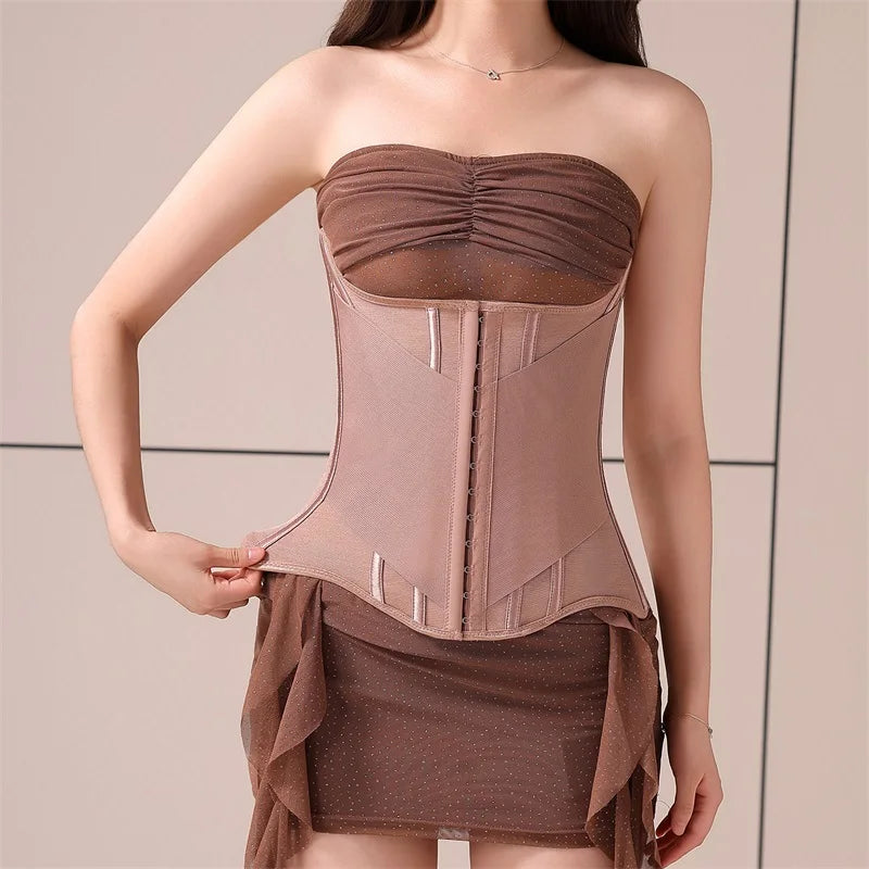 U-Shaped Steel Boned Waist Trainer Corset Buttoned Closure — Beige | KIMLUD
