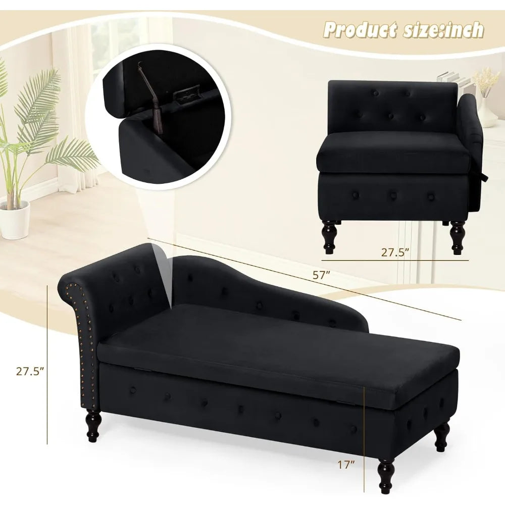 Velvet Chaise Lounge with Left Armrest & Storage Space,Button Tufted Lounge Chair w/Lumbar Pillow,Modern Upholstered Lounge Chai