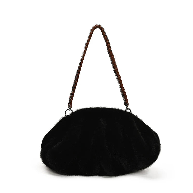 Pleated Design Faux Fur Shoulder Bags For Women 2026 Luxury Designer Purses And Handbags Winter Warm Soft Plush Hobo Bags