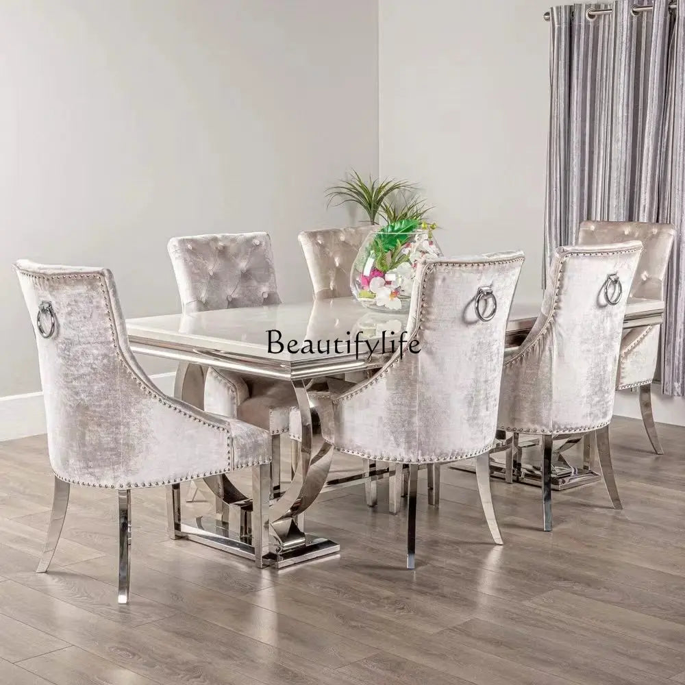 Marble Top Dining Table Set Rectangular Modern Design With Stainless Steel Frame And Four Chairs — Silver | KIMLUD