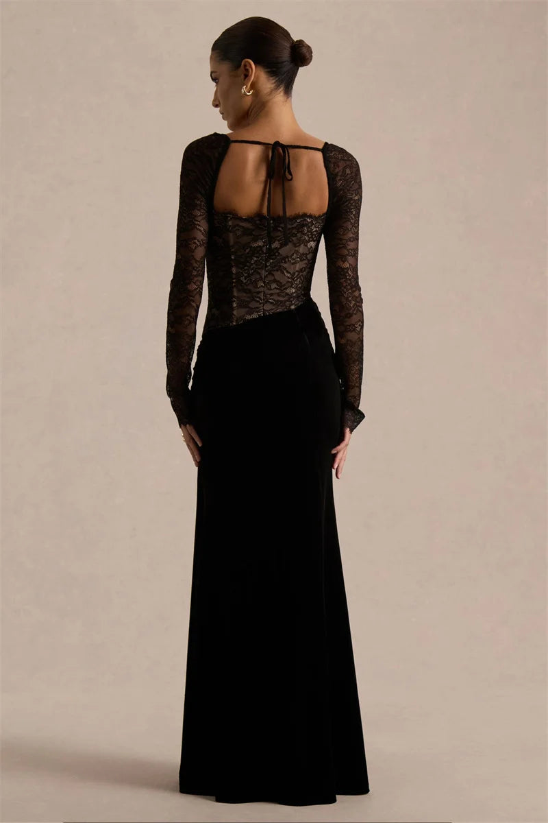 Lace Velvet Maxi Dress Square-Neck See-Through Backless — Black | KIMLUD