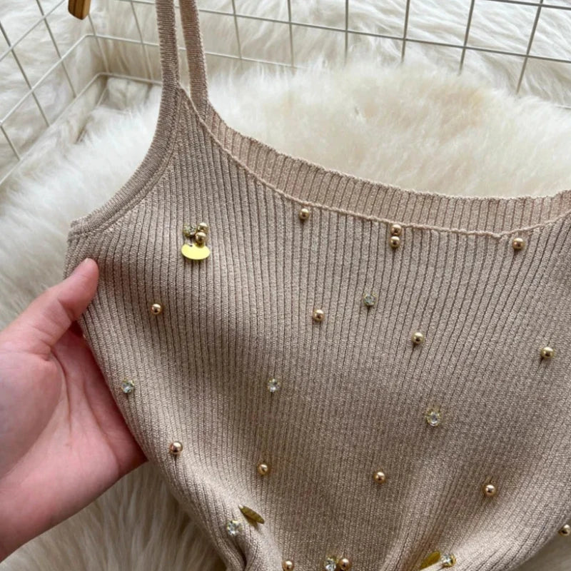 Knit Dot Embellished Bodycon Maxi Dress — Beige | KIMLUD