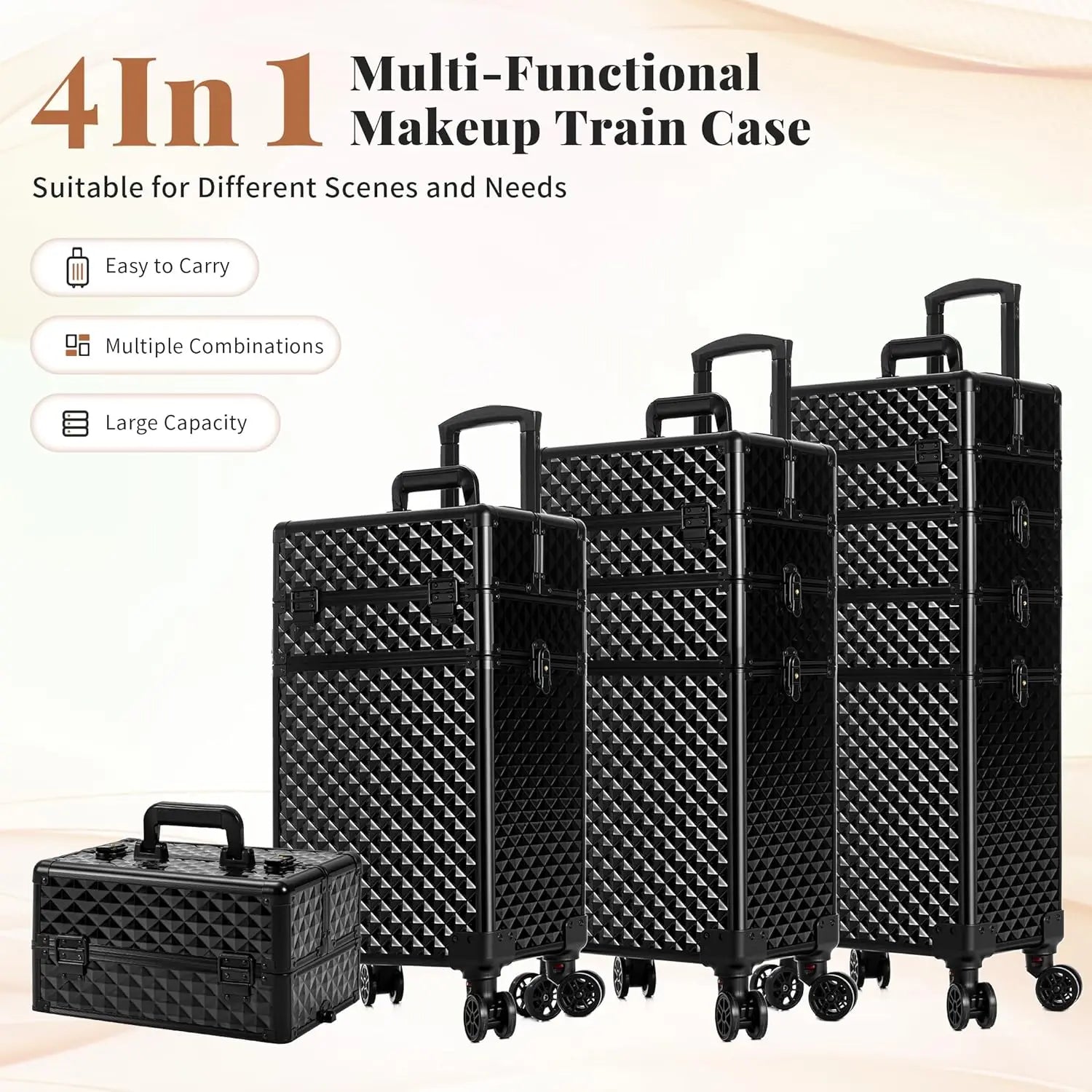 Rolling Plastic Travel Suitcases 4-In-1 Cosmetology Case Wheels — Black | KIMLUD
