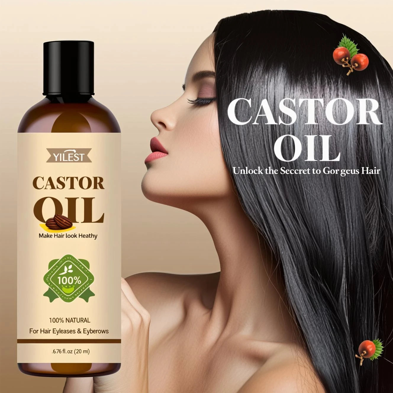 100%Pure Castor Oil - For Hair Growth, Eyelashes Eyebrows Care, Moisturizing & Strengthening Dry Damaged Hair, Repair Split Ends