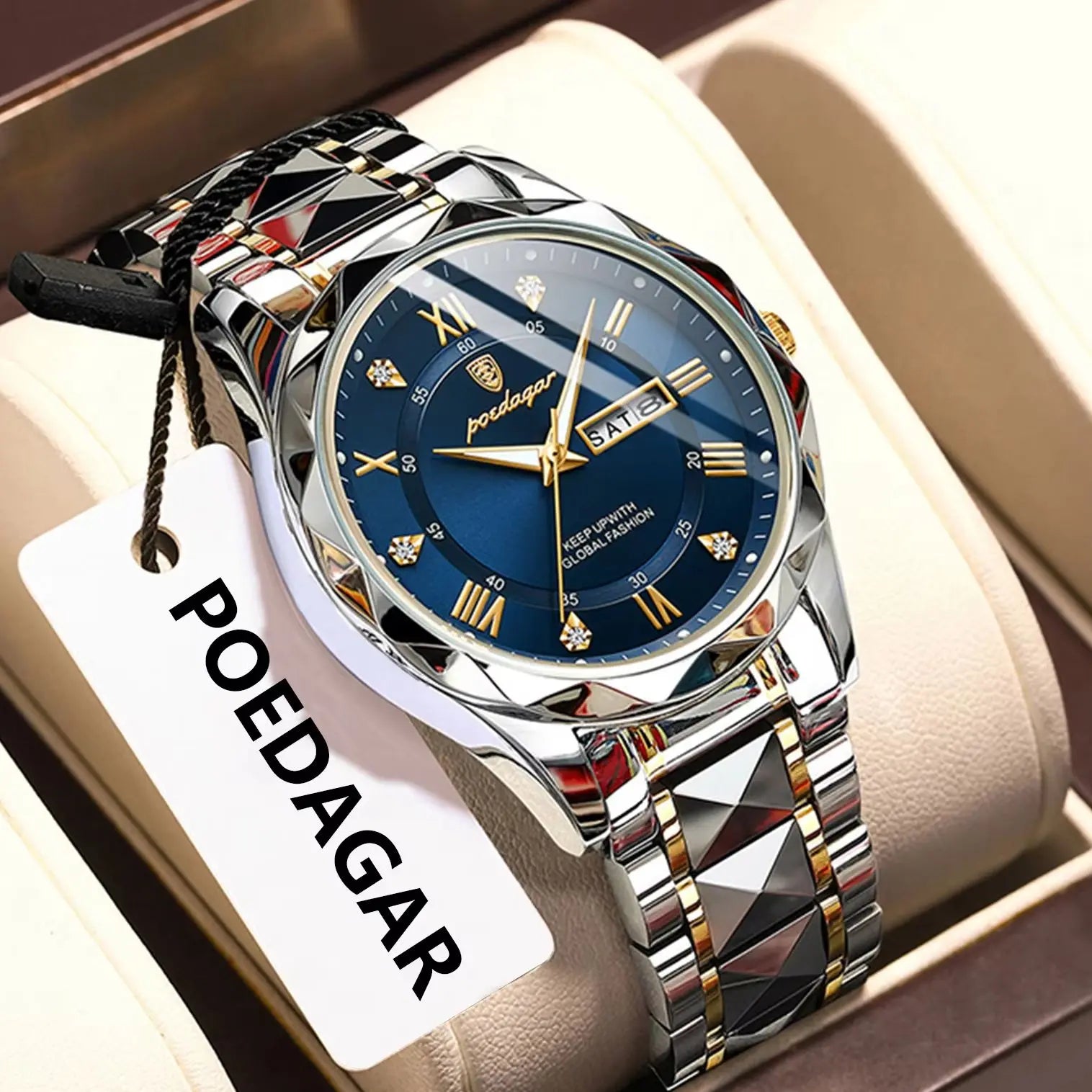 POEDAGAR Luxury Men's Watches Waterproof Luminous Date Week Watch For Man Stainless Steel Quartz Casual Men Wristwatch+Box Gift