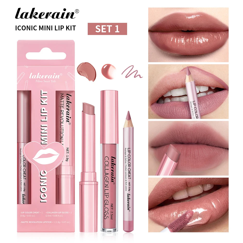 lakerain 3pcs mini matte lipstick+lip gloss+lip liner set precise outline three-dimensional lip plumping lipstick set
