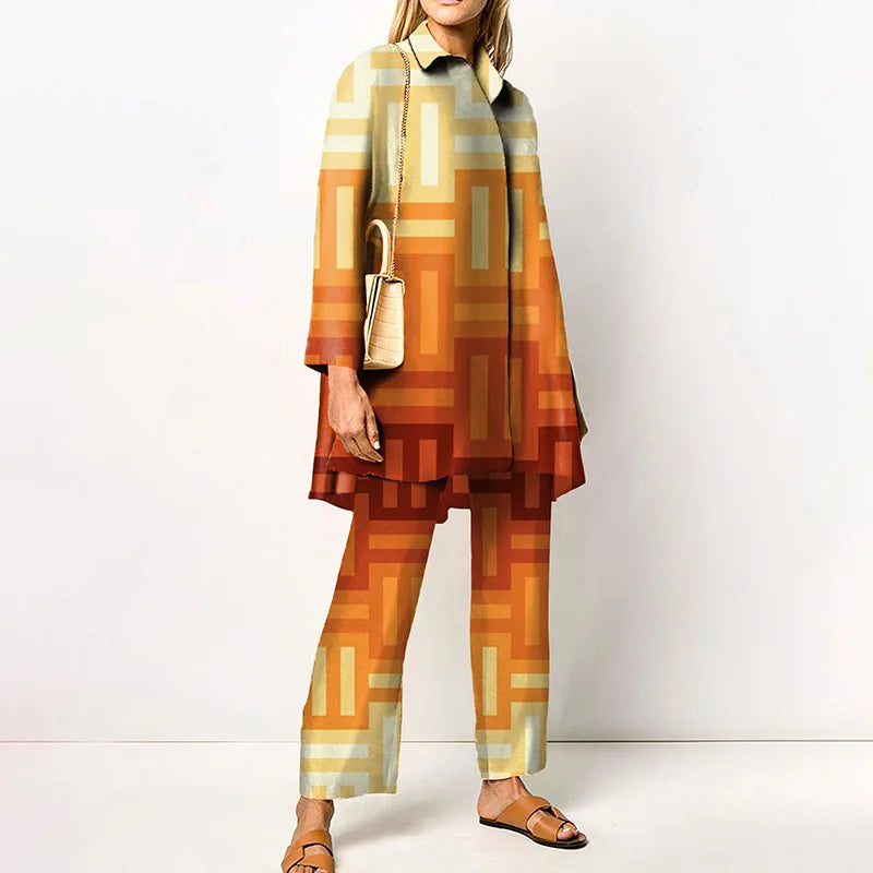 Two Piece Set – Autumn Vintage Printed – Synthetic Fiber – | KIMLUD
