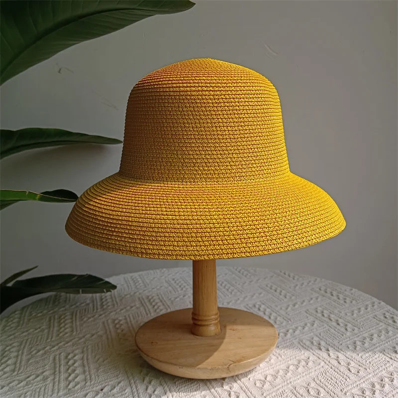 Straw Hepburn Sun Hat Wide Brim Foldable — Natural | KIMLUD
