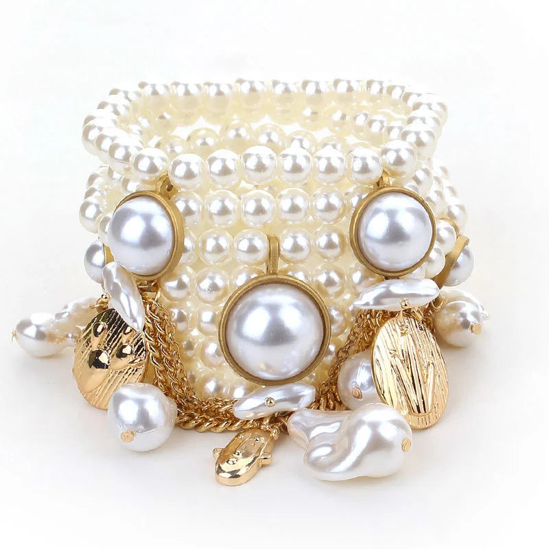 Handmade Bead Imitation Pearl Tassel Bracelet Multi-Layered — Gold | KIMLUD