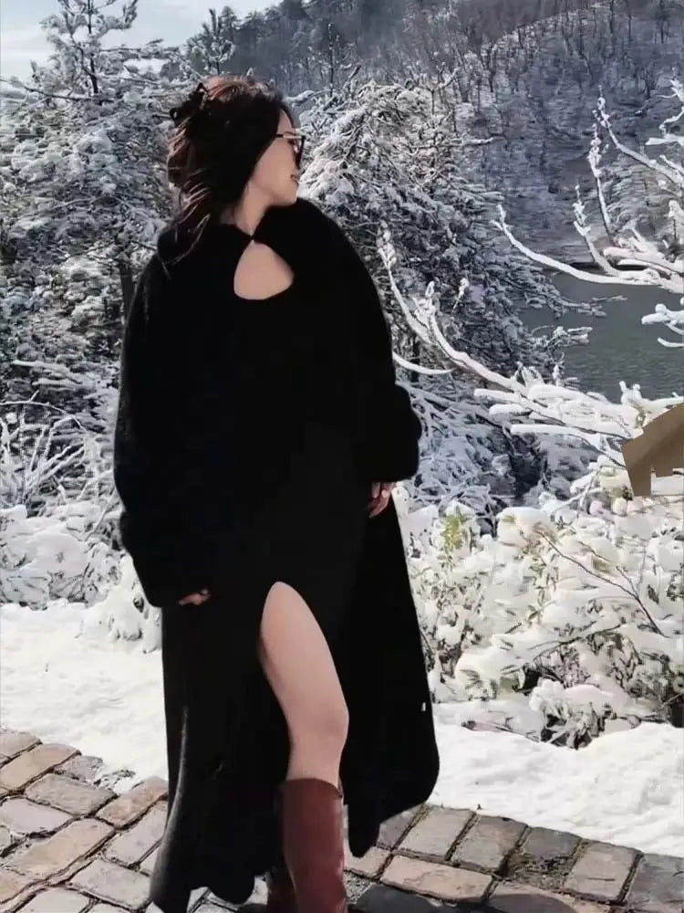 Women Faux Fur Coats Knee Length Coat Turn Down Collar Thick Warm Elegant Maxi Y2k Streetwear Outerwear Jackets Winter Spring