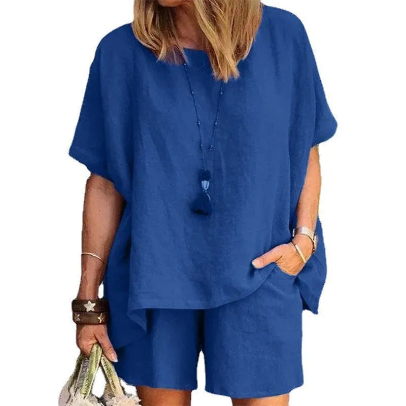 Cotton-Linen Two-Piece Set Plus Size Relaxed-Fit Short-Sleeve Top And Shorts — Steel-Blue | KIMLUD