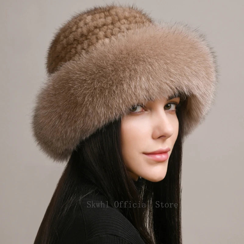 KIMLUD, New Genuine Real Natural Knitted Mink Fur Hat Cap Luxury Women Handmade Knit Fashion Winter Headwear Warm Real Fox Fur Beanies, KIMLUD Womens Clothes