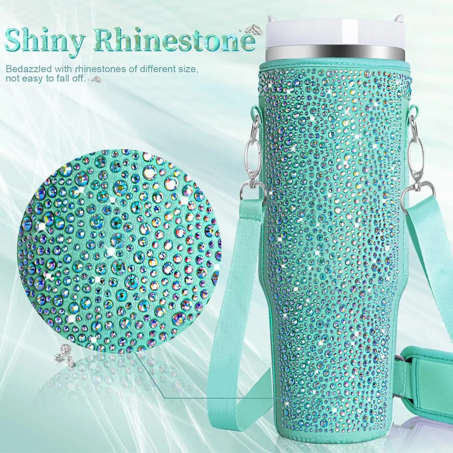 40oz bling shiny rhinestone Water Bottle Bag protecting case For Stanley Quencher Cup Sleeve Strap Pouch