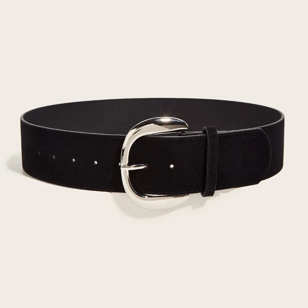 Suede Leather Wide Belt Pin Buckle — Black | KIMLUD