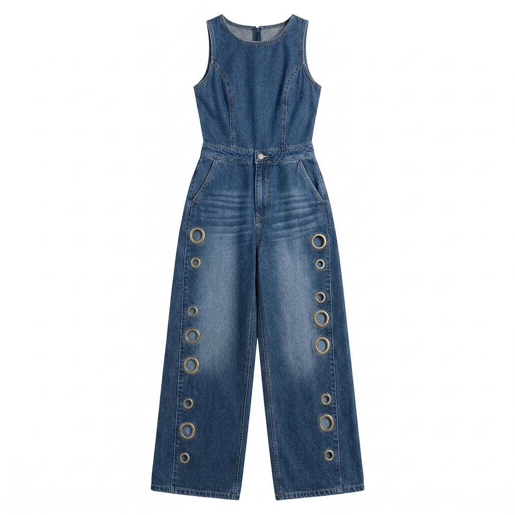Denim Jumpsuit Eyelet Wide-Leg Pockets — Denim Blue | KIMLUD