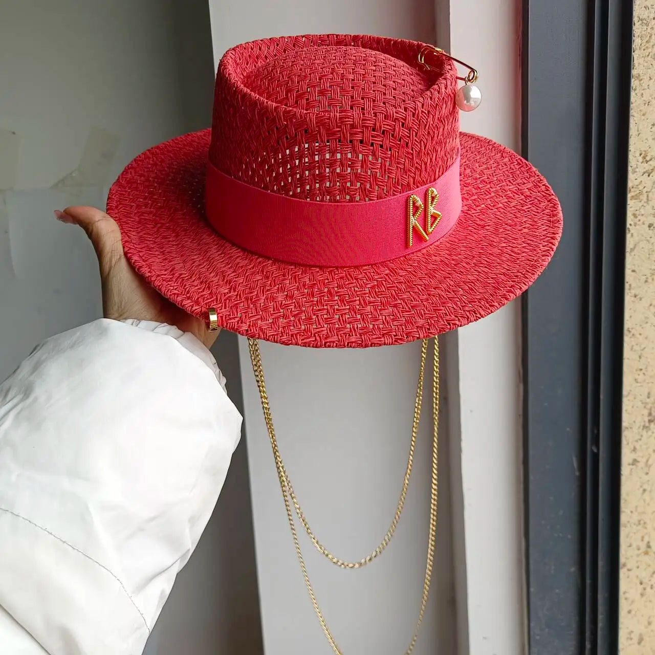Chain Strap Straw Hat summer beach straw hat pearl Pork pie sun hat new  elastic ribbon hat 여름모자