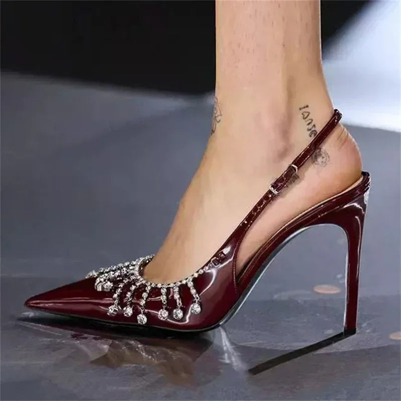 Pointed Toe Heels Patent Leather Rhinestone Buckle — Black | KIMLUD