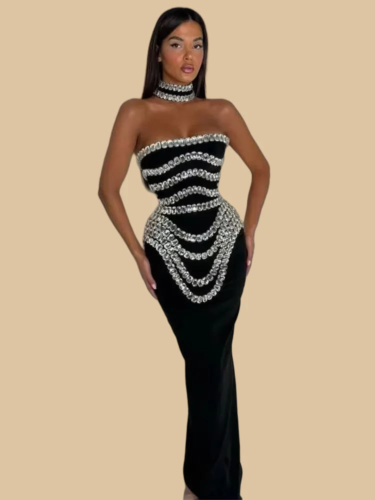 Brand New Ins 2025 Women Black Strapless Crystal Bandage Bodycon Dress Designer Collar Elegant Evening Party Dress Vestido