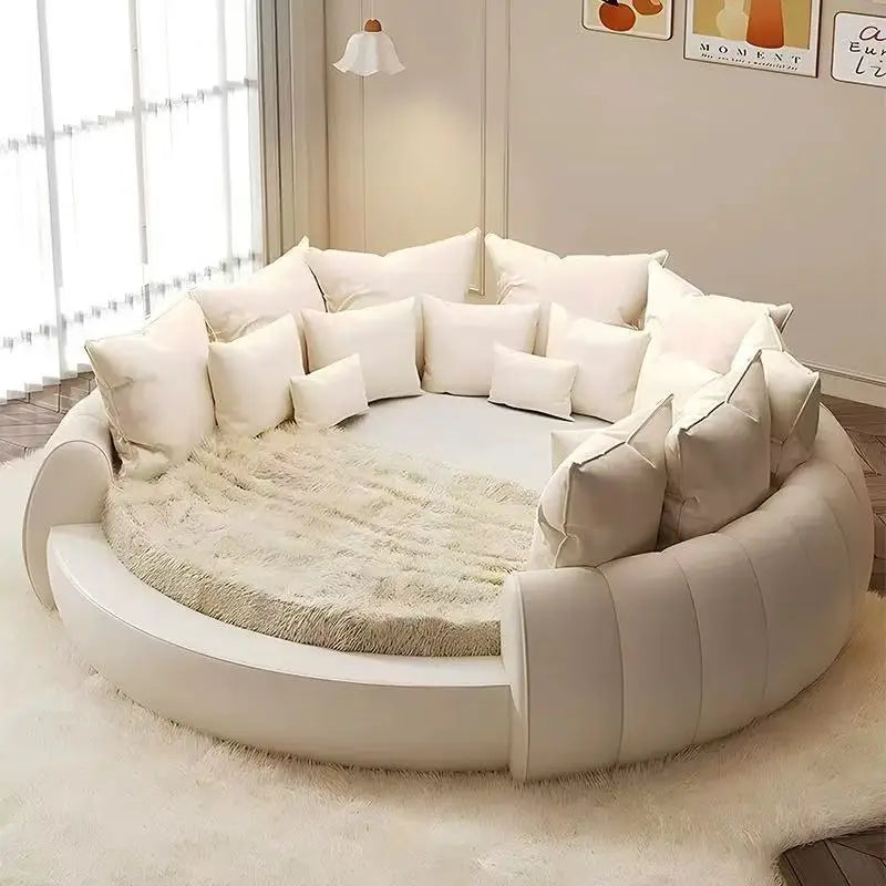 Leather Round Bed Multimaterial Frame — White | KIMLUD