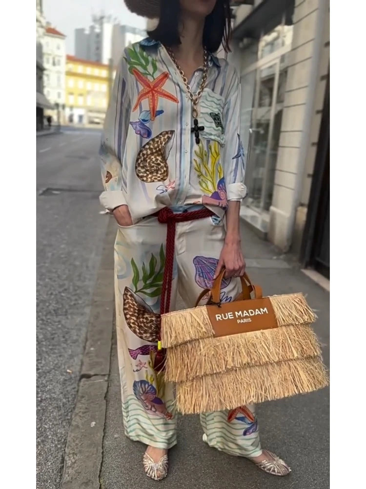 Two Piece Satin Set – Bohemian Print – Loose Fit – Long Sleeve Shirt & Wide Leg Pants | KIMLUD