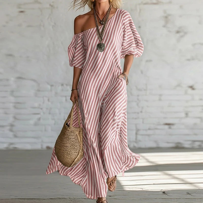 Polyester Patchwork Striped Maxi Dress — Black | KIMLUD