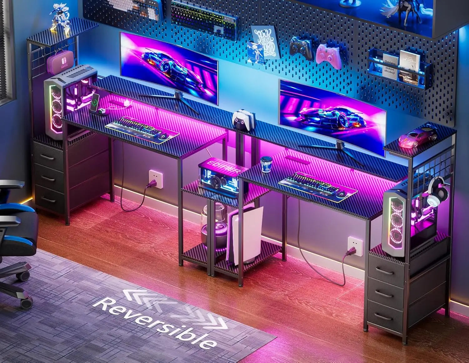 48 Inch Gaming Desk with LED Lights & Power Outlets,Computer Desk with Fabric Drawers & Side Hook,Reversible Gamer, Customized