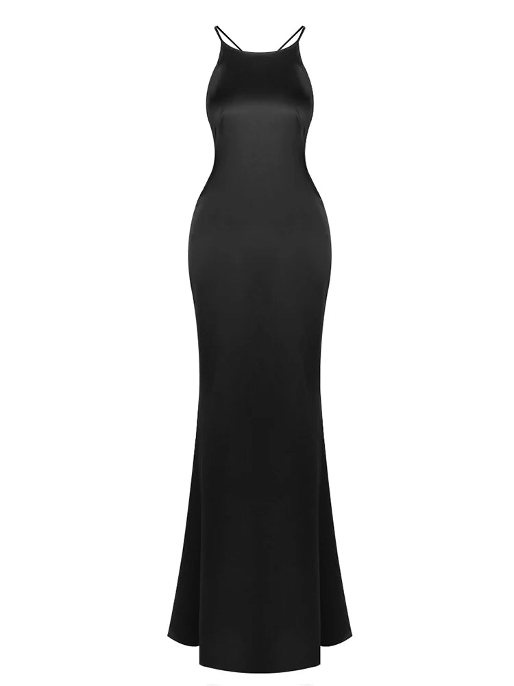 Evening Dress – Halter Neck – Polyester – Black | KIMLUD