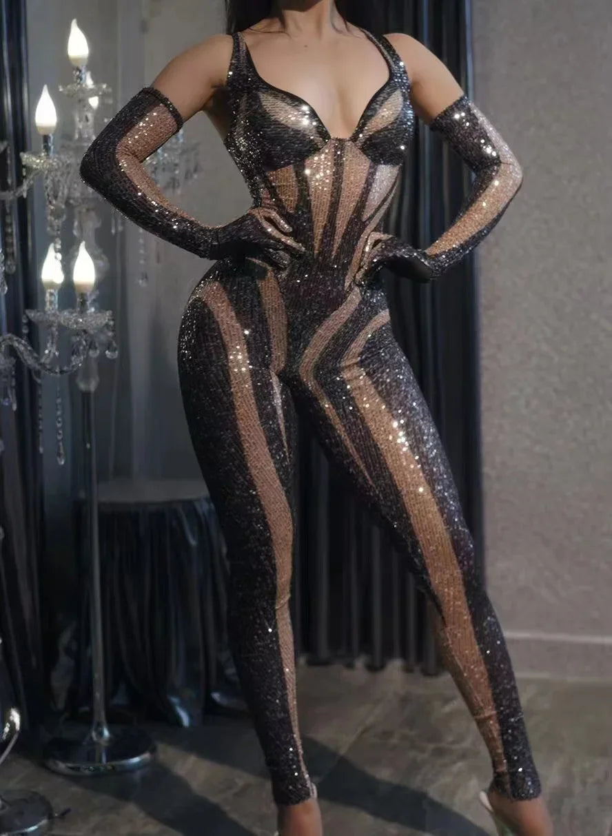 Sexy Black Sequin Jumpsuit Gloves Woman Nightclub Slip Leotard Dance Costume Birthday Party Wear Pole Dance Drag Queen Clothes - KIMLUD