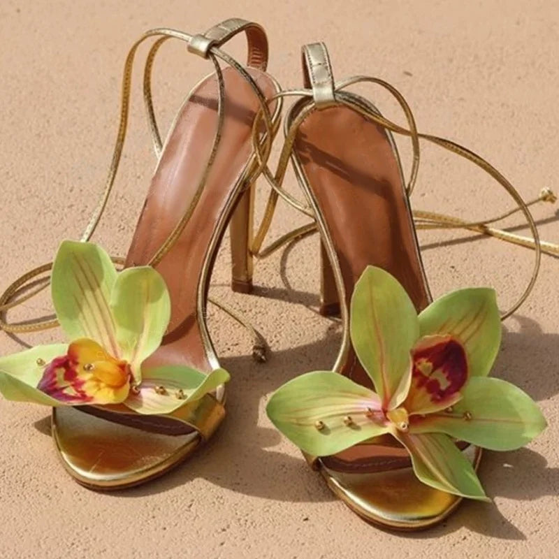 Metallic Slingback Sandals Flower Toe Stiletto Strappy Open-Toe Evening Sandals — Champagne Gold | KIMLUD