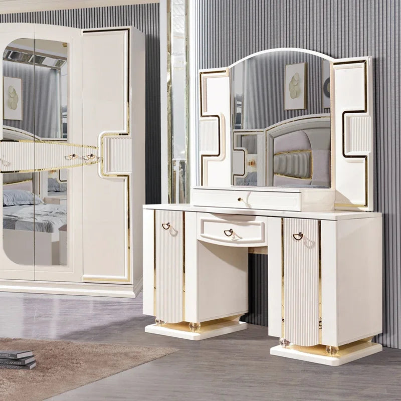 Leather King-Size Bed Set With Nightstands, Wardrobe, And Dressing Table — White | KIMLUD
