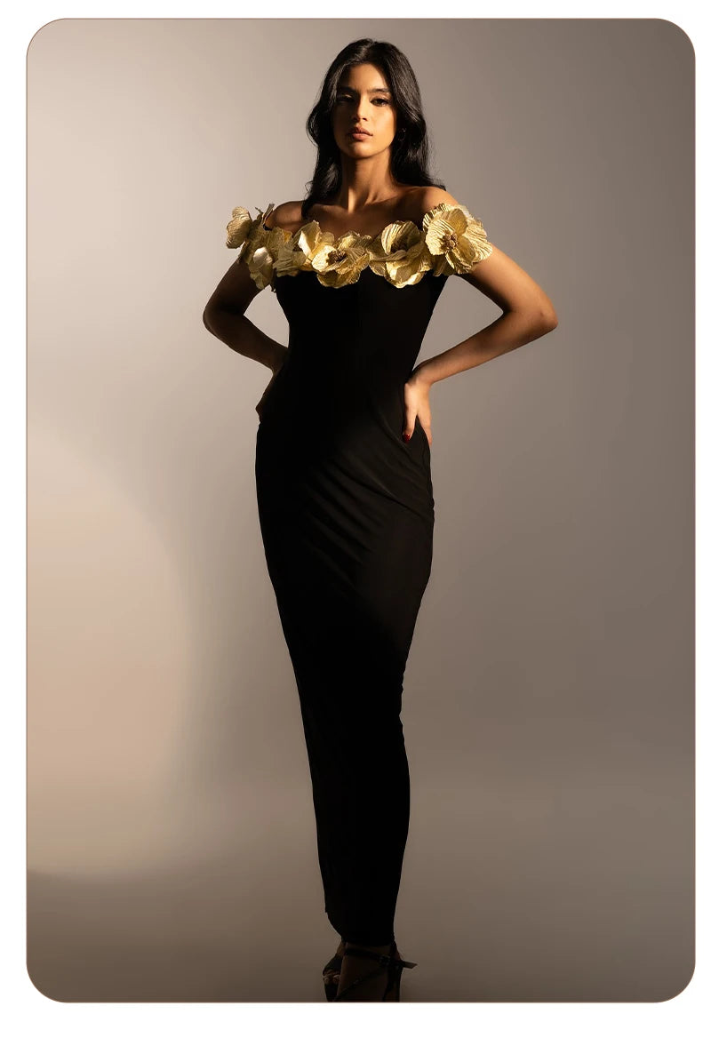 VC Elegant Fashion Off-Shoulder Black Maxi Dress with Golden Floral Embellishments Party Evening Gown
