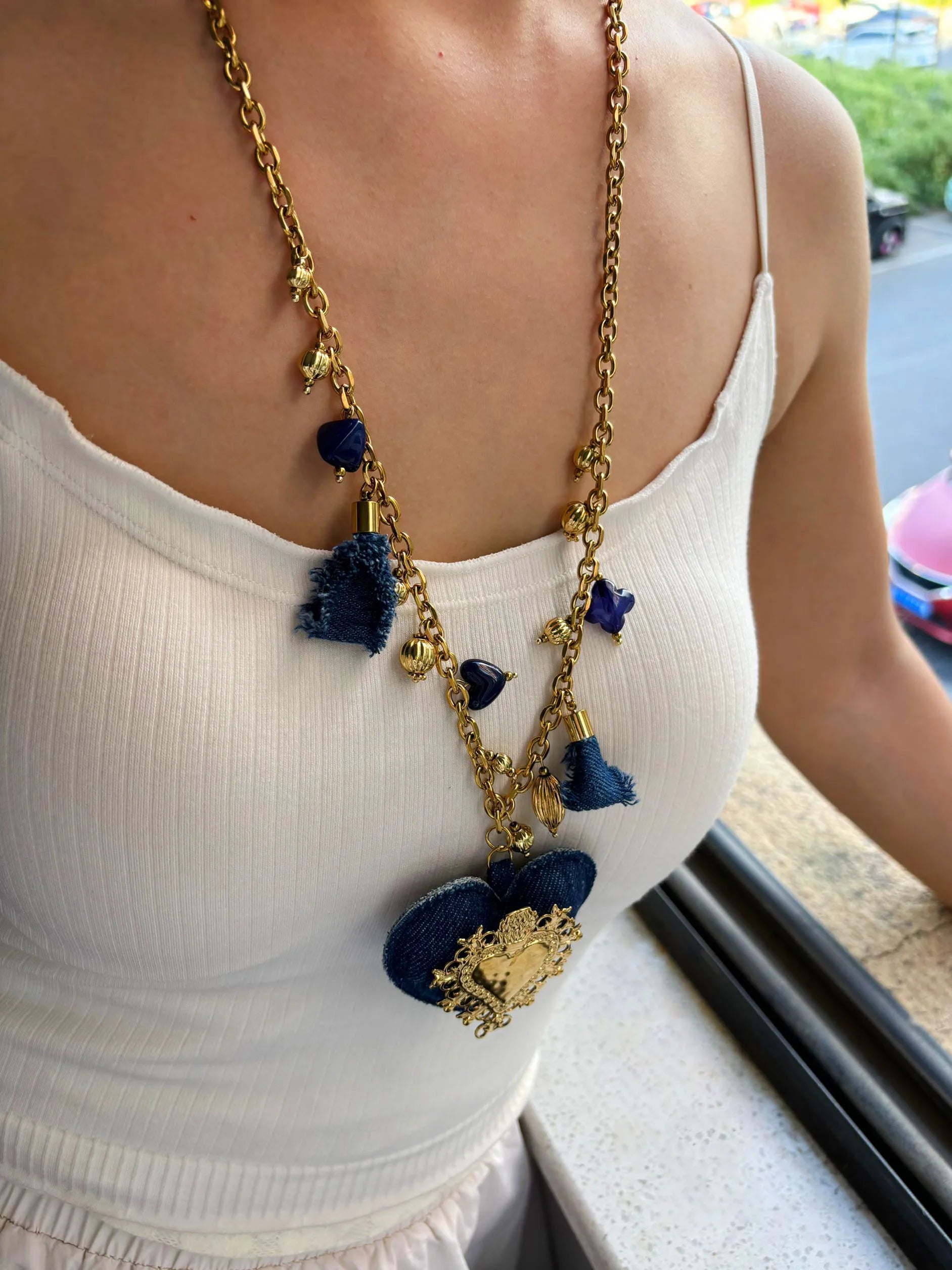 Heart Tassel Acrylic Pendant Necklaces Chain — Blue Denim | KIMLUD