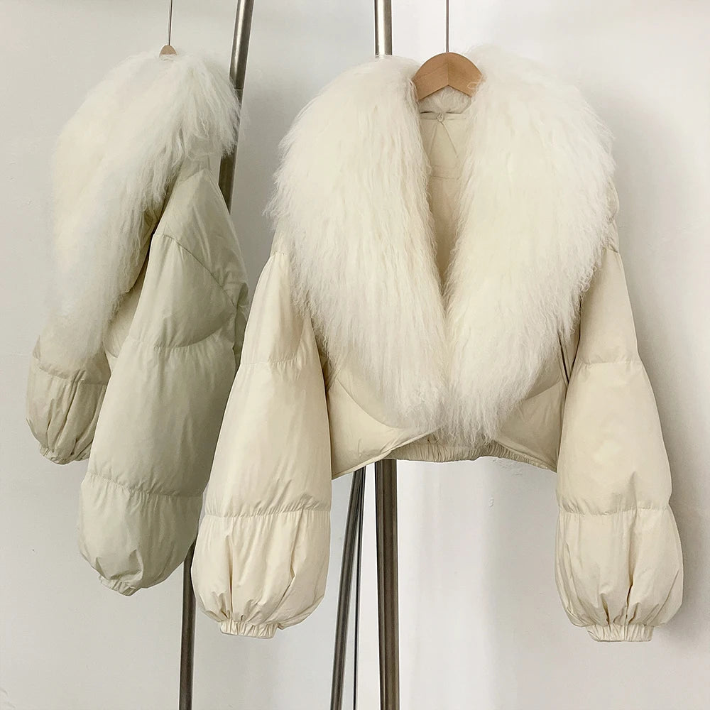 Down Coat – Real Fox Fur Trim – Duck Down – Natural | KIMLUD
