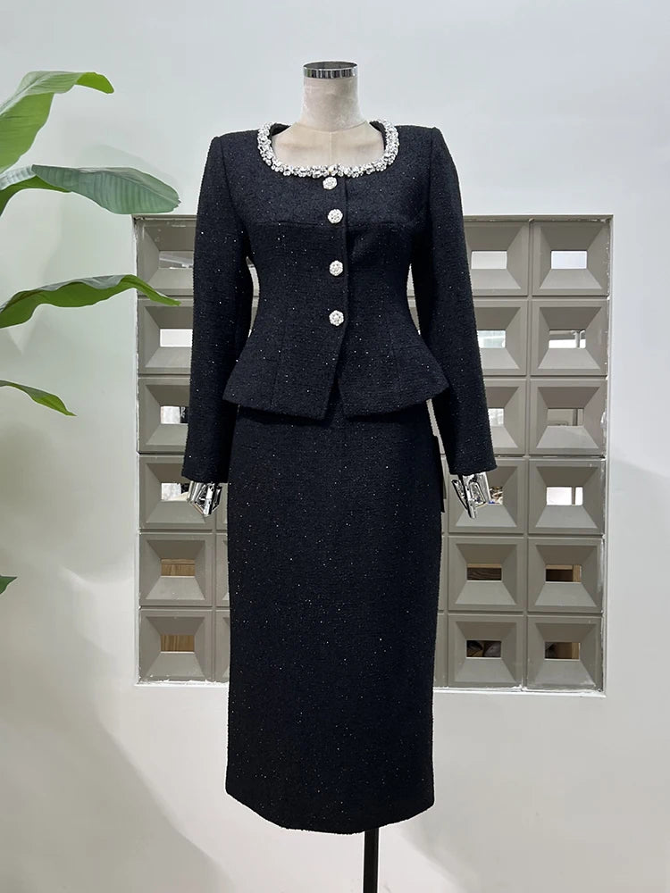 IEQJ Fashion Black 2 Piece Set Women Square Collar Diamonds Inlaid Short Jacket High Waist Skirt Suit Autumn New 3A556