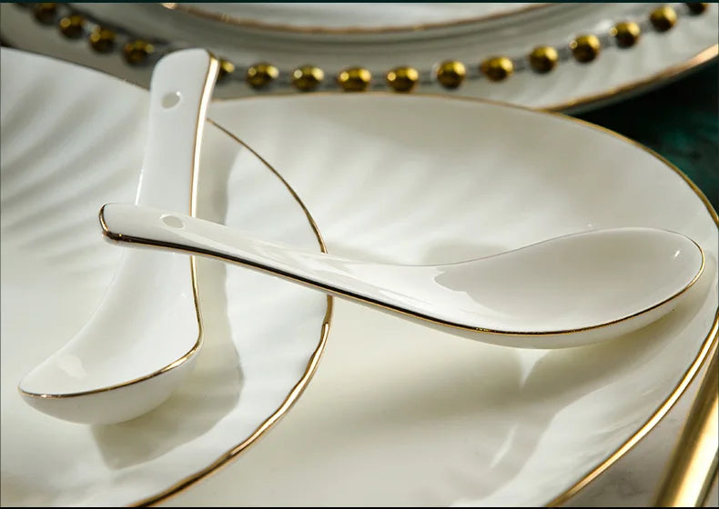 Bone China Dinnerware Set With Gold Accents — White | KIMLUD