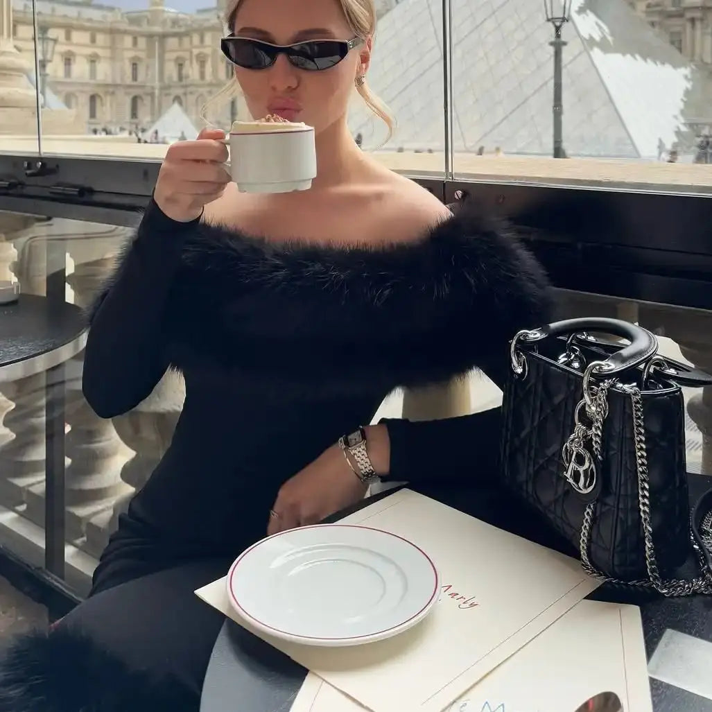 Off-Shoulder Midi Dress – Faux Fur Long Sleeve – Black | KIMLUD